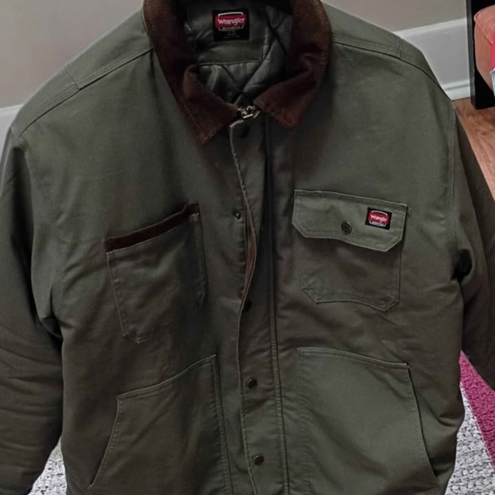 Wrangler Olive Green Military Field Jacket with Brown Cord Collar